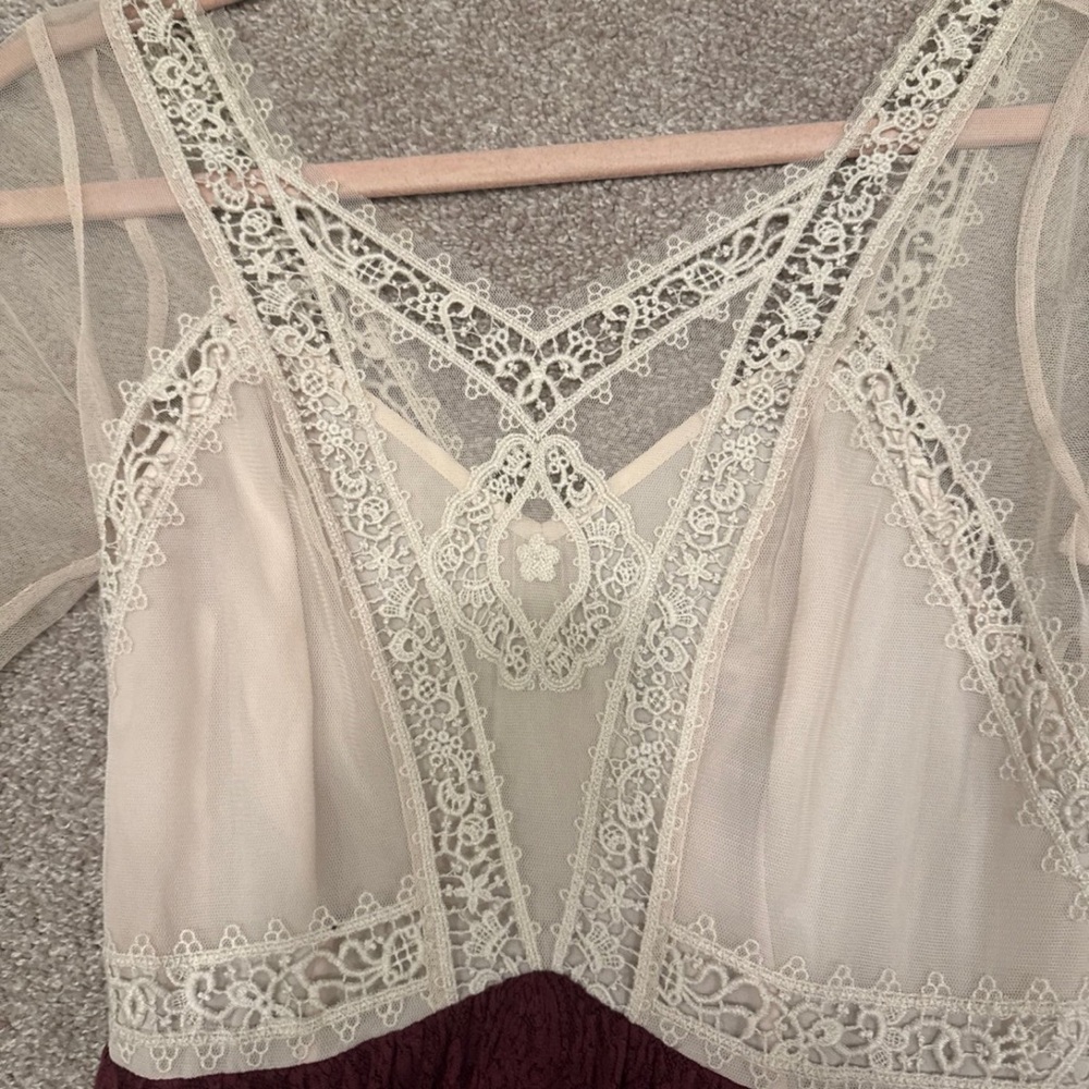Free People Cream and Burgundy Long Sleeve Dress xs 2 Victorian lace Victoria - Picture 5 of 7